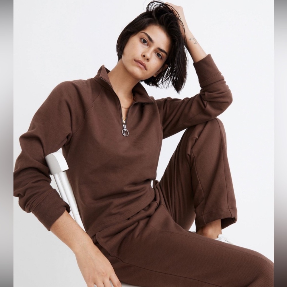 Madewell MWL Ribbed Quarter Zip Raglan Sweatshirt Brown.‎ Size XXS (956)